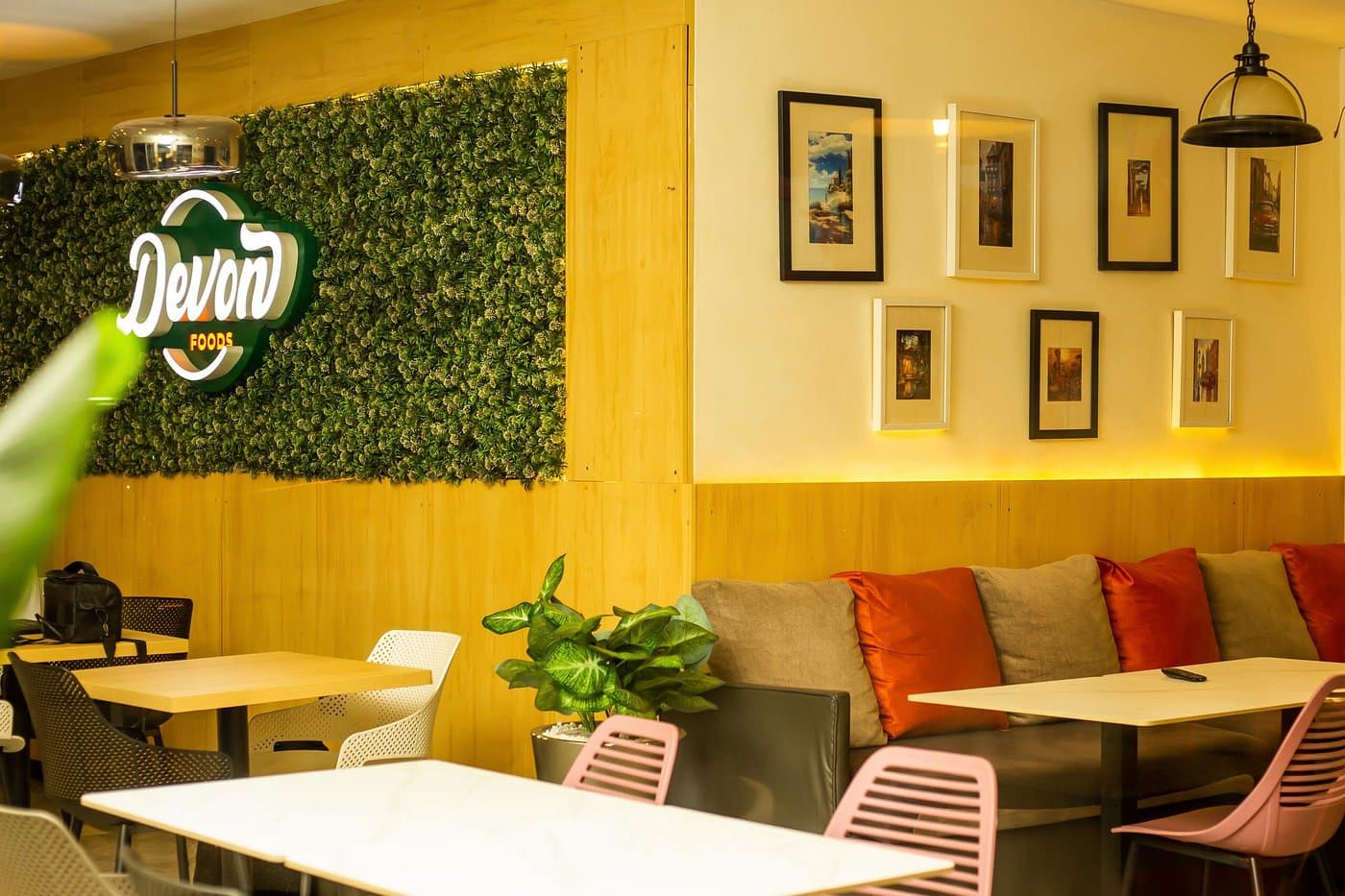 Warm interior of a Devon Foods restaurant
